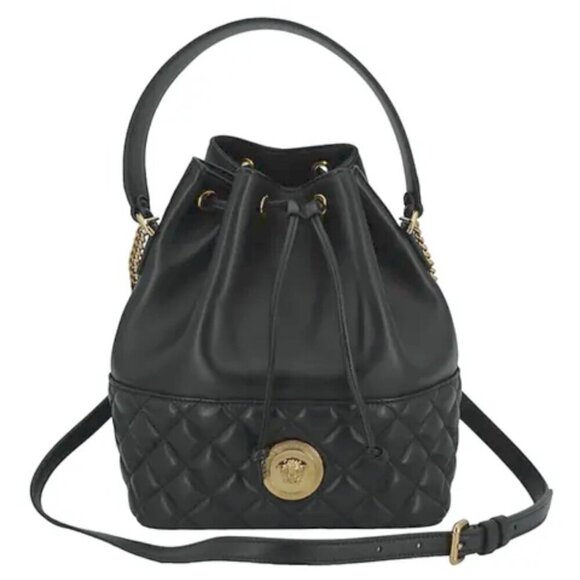 Versace Handbags - Versace Quilted La Medusa Black Lamb Leather Bucket Shoulder Bag 1013788